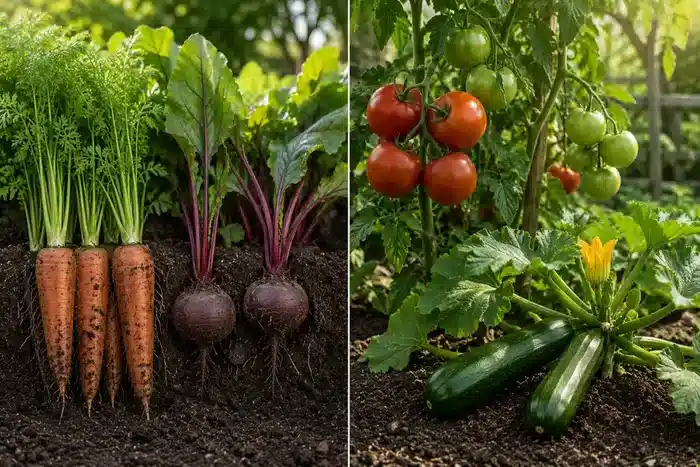 Comparaison entre Gemüse Wurzeln und Gemüse fruits in un Gemüsegarten