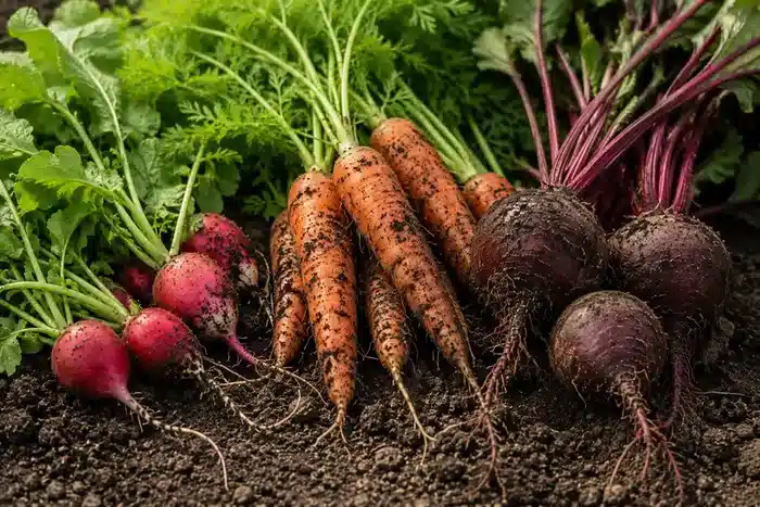 Carottes radis et betteraves terreux fraîchement récoltés