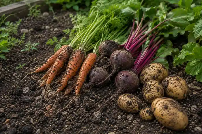 Légumes racines récoltés dans un potager avec terre visible
