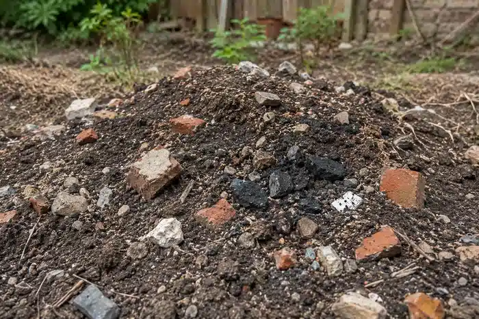 Terre de jardin avec gravats, morceaux de briques et résidus anciens
