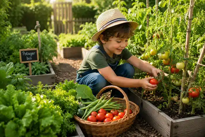 Enfant récoltant des tomates dans un potager familial