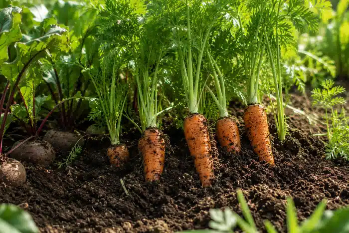 Carottes et betteraves dans la terre d’un potager