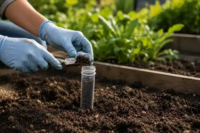 Prélèvement de terre dans un tube pour analyse de sol de jardin