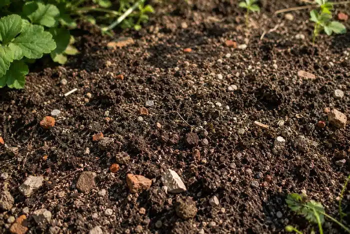 Sol de jardin avec quelques gravats et fragments de briques visibles