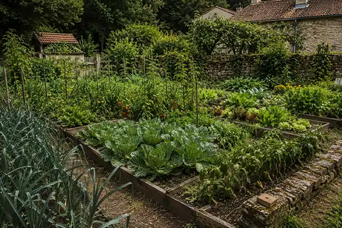 Ancien potager cultivé depuis longtemps avec bordures bois et pierre