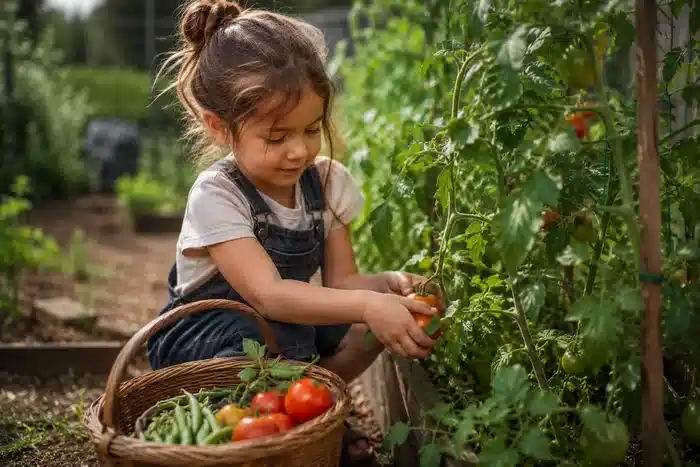 Enfant récoltant des tomates dans un potager familial