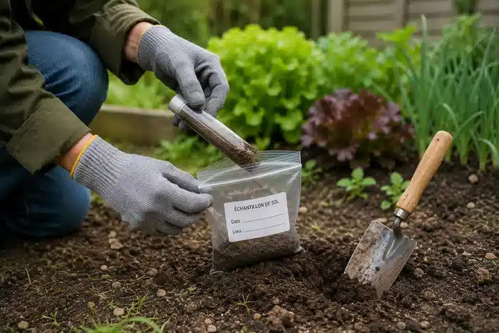 Personne réalisant un prélèvement de sol dans un jardin avec sachet d’échantillon