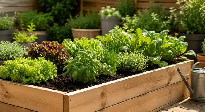 Bac potager surélevé avec terre propre et herbes aromatiques