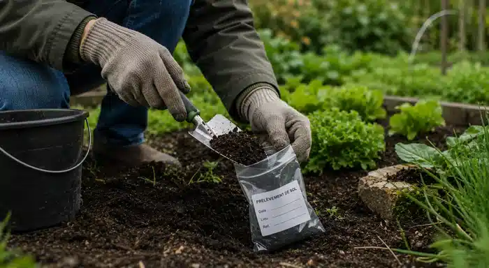 Prélèvement de sol dans un jardin avec sachet d’échantillon