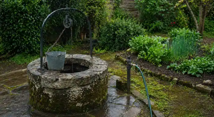 Petit puits domestique dans un jardin privé près d’un potager