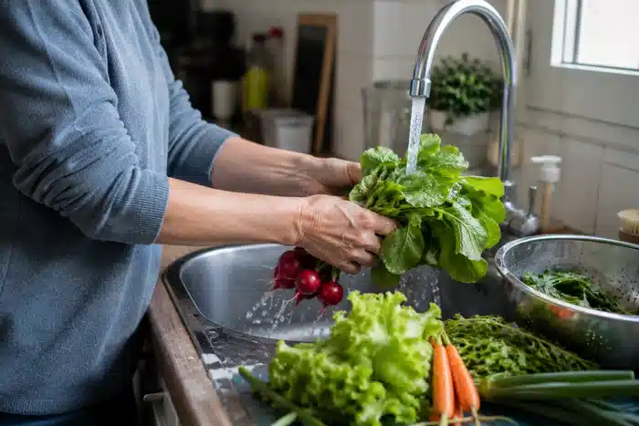 Lavage de légumes du jardin dans une cuisine familiale