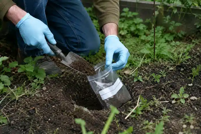 Prélèvement d'un échantillon de terre avant un programme de phytoremédiation