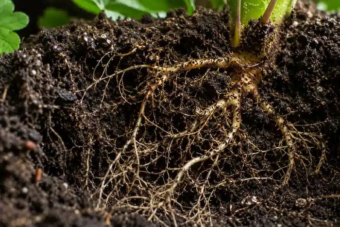 Racines fines dans un sol vivant et riche en matière organique