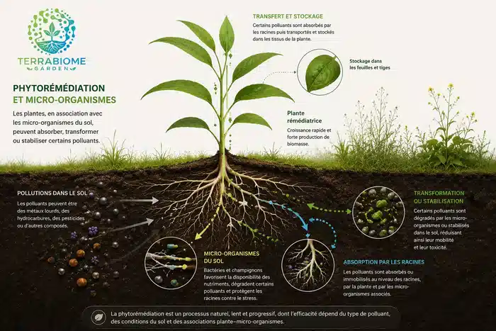 Schéma pédagogique de phytoremédiation associant plante, polluants et micro-organismes