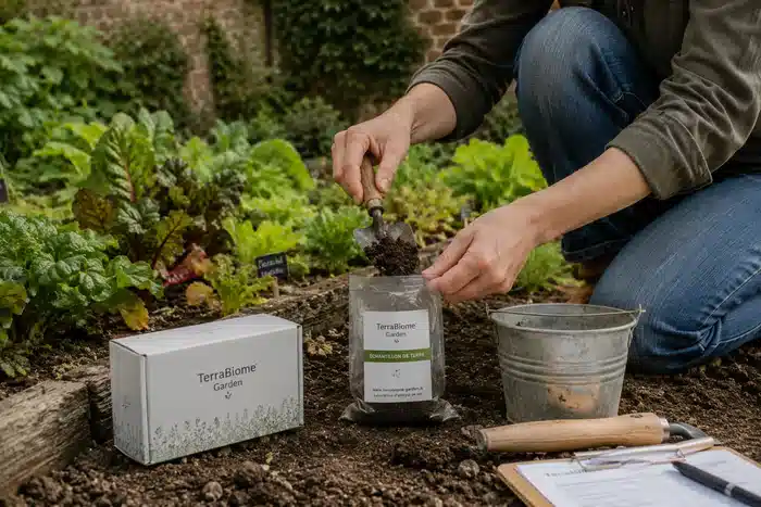 Personne prélevant un échantillon de terre dans un potager