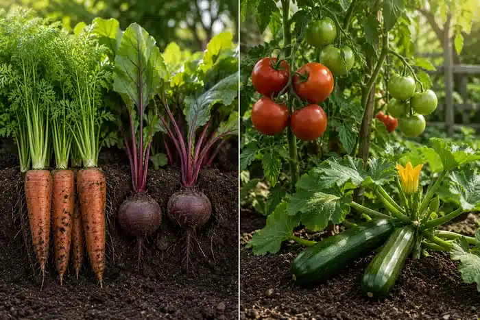 Comparaison entre légumes racines et légumes fruits dans un potager