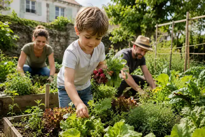 Enfant récoltant des légumes dans un potager familial avec ses parents