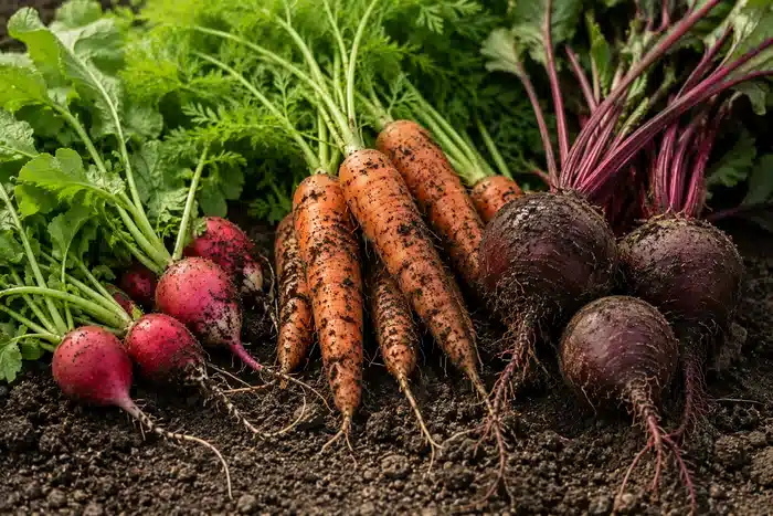 Carottes radis et betteraves terreux fraîchement récoltés