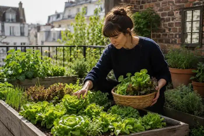 Récolte de salades dans un petit jardin urbain