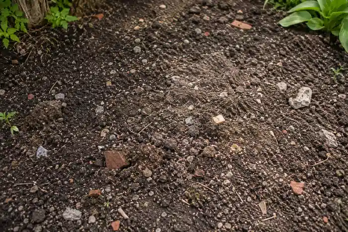 Sol de jardin hétérogène avec petits gravats et morceaux de briques