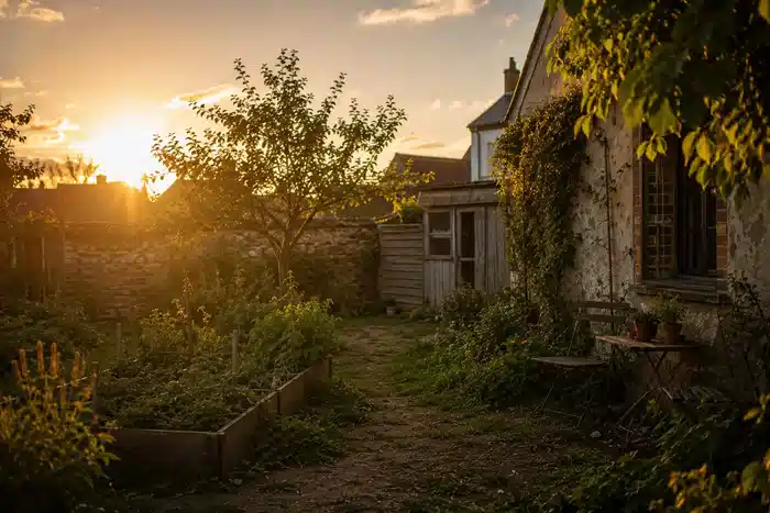 Jardin familial ancien au coucher du soleil