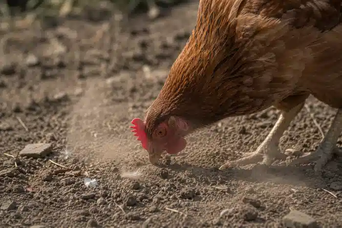 Poule qui gratte une terre sèche et poussiéreuse