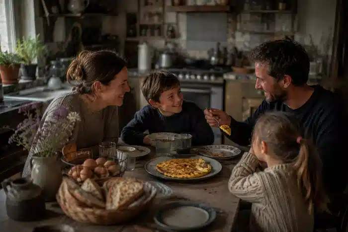 Repas familial avec omelette et œufs maison dans une cuisine simple