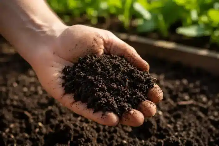 Main tenant ugrond noire de tuin riche en humide